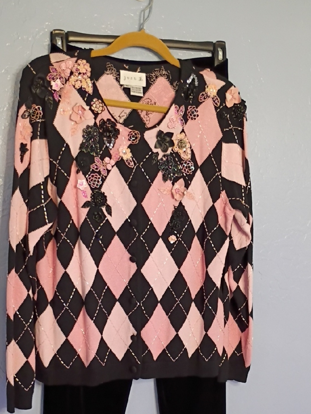 Jude & Sam Pink and Black Argyle Embellished Cardigan Sweater Only